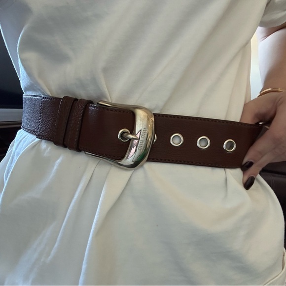 Miu Miu Dark Brown Leather Belt with Silver Buckle